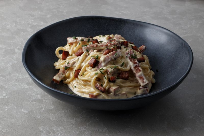 Spaghetti Carbonara with creamy egg sauce and pancetta